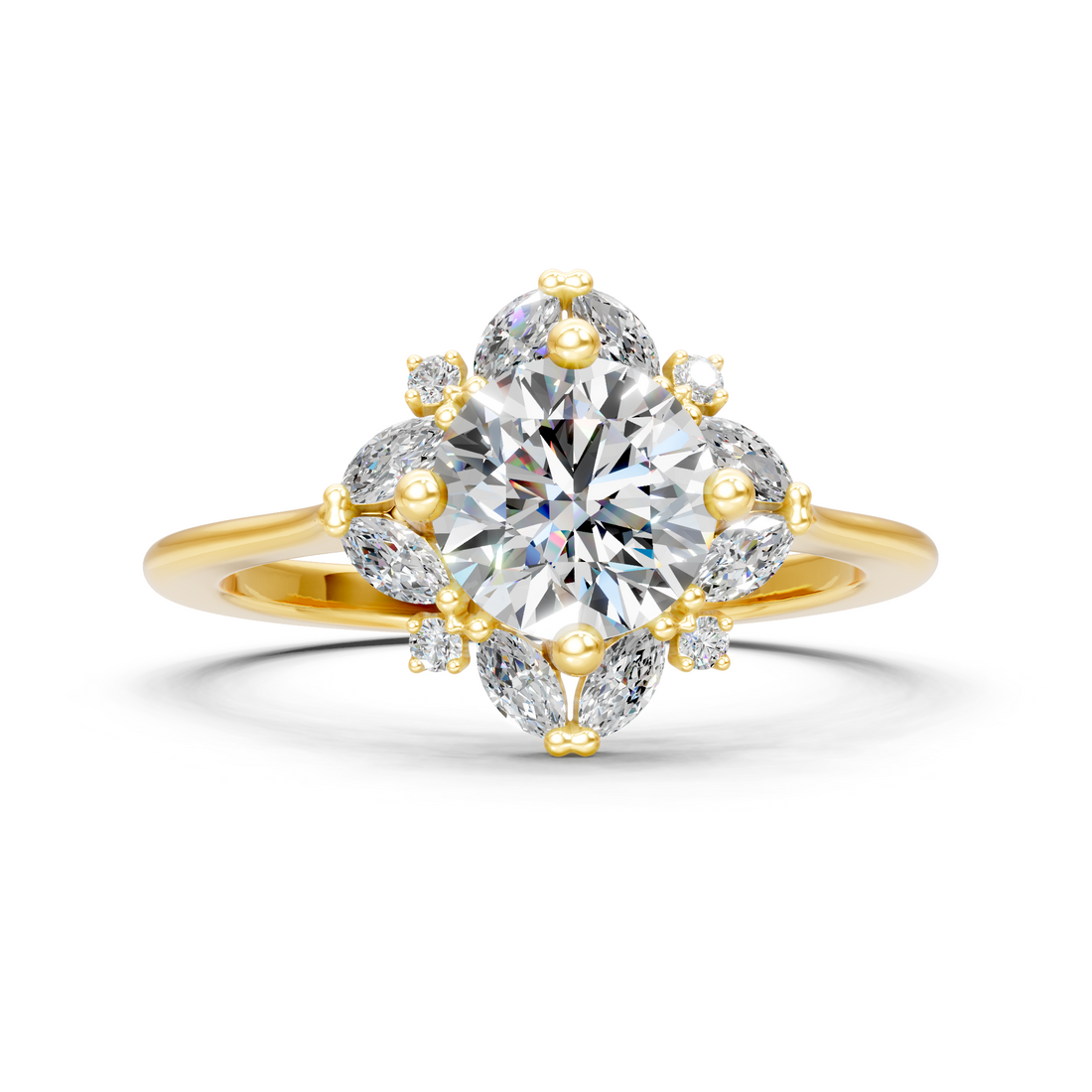 Lab-Grown or Natural Solitaire Round Diamond Engagement Ring with Marquise Accents - 1.16ct | Gold, White Gold, Rose Gold, Silver